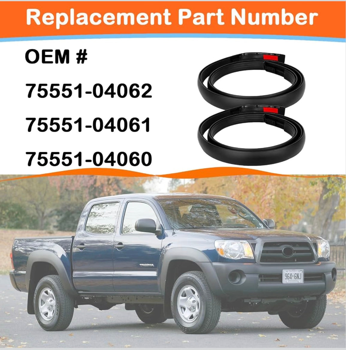Roof drip molding trim set with replacement part number references
